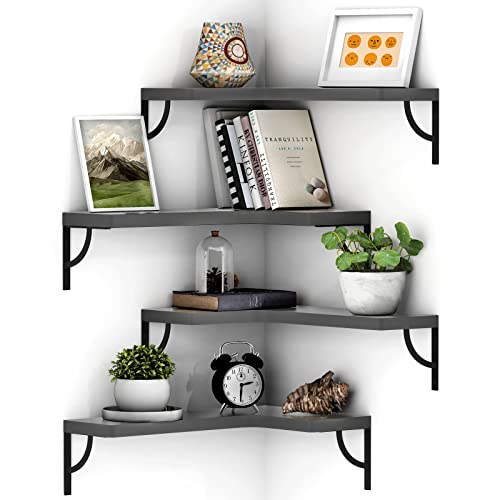 Canupdog Grey Corner Floating Shelf Wall Mount 4 Tier Wood Floating Shelves, Easy-to-Assemble Tiered Wall Storage, Wall Organizer for Bedrooms, Bathrooms, Kitchens, Offices, and Living Rooms