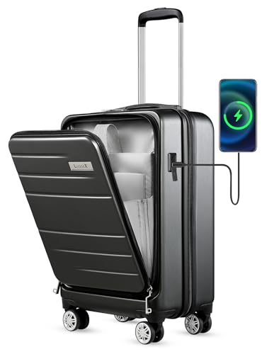 LUGGEX Carry On Luggage with Laptop Compartment - Polycarbonate Hard Shell Suitcase with USB Port (Black, 20 Inch)