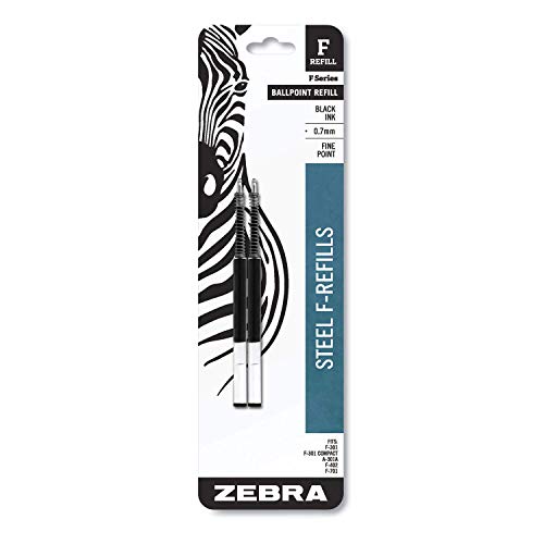Zebra Pen F-Series Ballpoint Stainless Steel Pen Refill, Fine Point, 0.7mm, Black Ink, 2-Count