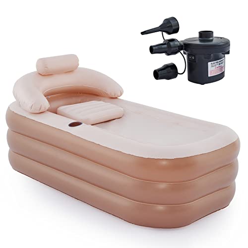 CO-Z Inflatable Bathtub with Electric Air Pump and Bath Pillow Headrest, Portable Blow Up Bath Tub for Adults, Outdoor & Indoor Freestanding Foldable Spa Tub with Cover Drainage Cup Holder,Brown