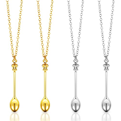 4 Pieces Spoon Necklace Teaspoon Pendant Necklace Crown Teaspoon Mini Spoon for Filling Vials with Salts, Sand, Glitter with Necklace Loop Pendant (Gold, Silver)