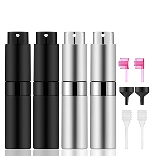 Lil Ray 8ml Portable Mini Perfume Atomizer(4 PCS)，Refillable Empty Small Spray Bottle for Travel, Twist Tpye Pocket Cologne Sprayer (Matte Black&Silver)