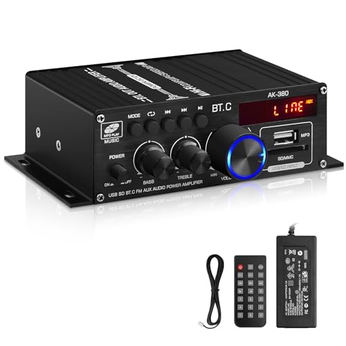 AK-380 USB SD BT.C FM AUX Audio Power Amplifier 400W+400W 2.0 CH HiFi Stereo AMP Speaker Bluetooth 5.0 Amp Receiver with 12V 5A Power Supply,Remote Control,FM Antenna for Car Home Bar Party