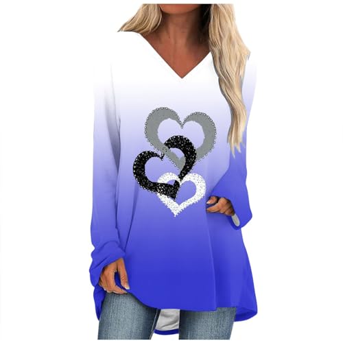 Womens Sweatshirt Dress Heart Print Tunic Tops Long Sleeve Crewneck Pullover Tops Gradient Oversized Shirts Blouses Purple