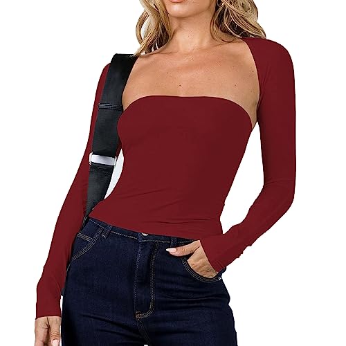 Women Sexy Long Sleeve Mesh Crop Top Solid Cover Up Off Shoulder Slim Fit Corset Cami 2 Pieces Clubwear (S)