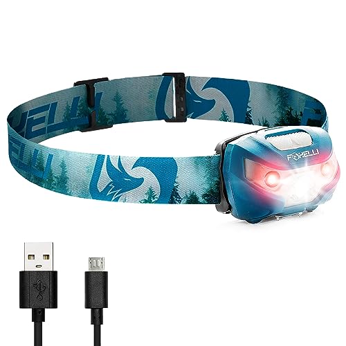 Foxelli Rechargeable Headlamp Flashlight - Super Bright LED Head Lamp for Running, Camping, Hiking & Work, Lightweight Comfortable Head Light for Adults and Kids