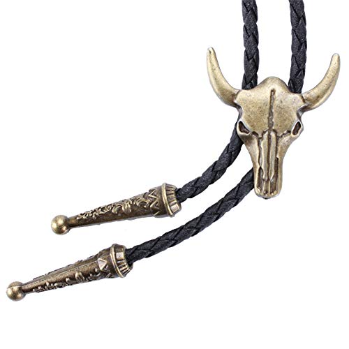 Western Vintage Bolo Tie for Men - Cow Skull Design Cowboy Tie - Black Leather Bolo Necktie Necklace (Bull)