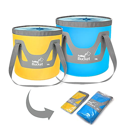 IFWELL Collapsible Bucket with Handle 5 Gallon Portable Folding Bucket Upgraded Ultra Lightweight Outdoor Basin Pail for Fishing, Camping, Hiking, Car Washing and More (Blue Yellow, 20L-12L)