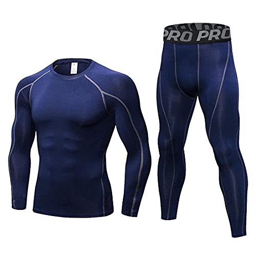 LANBAOSI Mens Workout Compression Set Pants and Long Sleeve Shirts Winter Warm Thermal Base Layer Top & Bottom Navy Blue