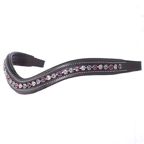 ExionPro Curved Padded Bling Crystal Leather Browband for Horse Bridles | Diamond Decorated Bling English Dressage Browbands | Crystal Color - Fuchsia, Light Rose, Tanzanite | Black-Full