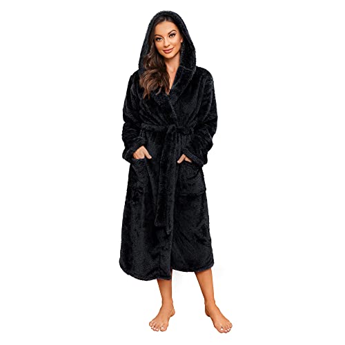 HEARTNICE Womens Hooded Fleece Robe, Thick Warm Plush Bathrobe for Women, Long Fluffy Comfy House Coat Long Fur Fleece(Black Hooded, L/XL)
