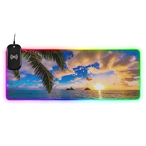 Beach Sunrise Wireless Charging Mouse Pad for Mobile Phone Extra Large Gaming Mousepad with 13 Lighting Modes Extended Desk Mat for Gaming MacBook PC Laptop Desk Home Office