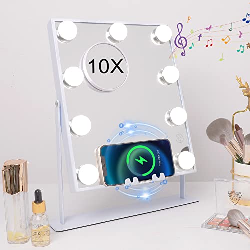 Hansong Lighted Vanity Mirror with Music Speaker and Wireless Charging Makeup Mirror with Lights 9 Dimmable Bulbs Lighted Makeup Mirror 3 Color Lighting Tabletop (White)