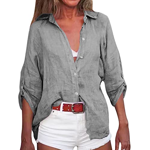 Womens Cotton Linen Button Down Shirts Casual Roll-Up Cuffed Long Sleeve Blouses Loose Fit V Neck Collared Summer Beach Tops（Grey,Large