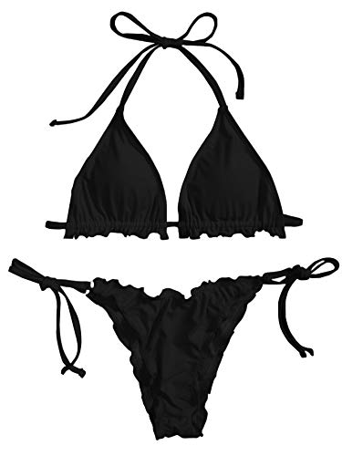 SOLY HUX Women's Floral Print Bikini Sets Halter Tie Side Triangle Sexy Swimsuits Black M