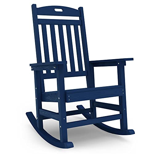 YEFU Outdoor Rocking Chair, Poly Lumber Patio Rocker Chair with High Back, Poly Rocking Chair Look Like Real Wood, Widely Used for Lawn, Porch, Backyard, Indoor and Garden,380lb Heavy Duty(Dark Navy)