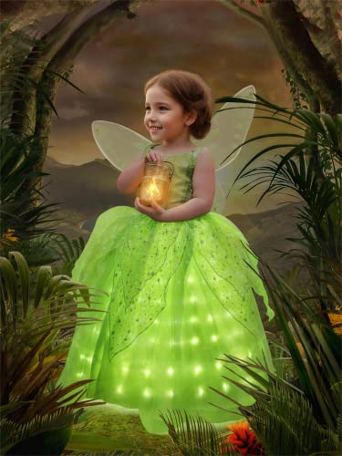 UPORPOR Light Up Fairy Costumes Girls Halloween Dress Kids Dressing Up Clothes Birthday Party Fancy led Costume, with Wing Green, 130