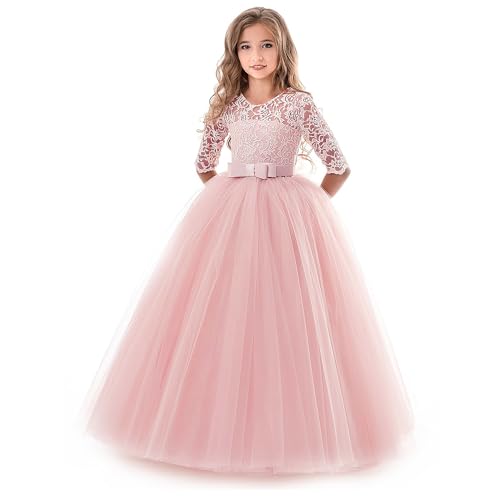 NNJXD Girl's Embroidery Tulle Lace Flower Girl Wedding Dress 3/4 Sleeve Long A Line Pageant Party Formal Dance Evening Gown 7-8 Years Size (140) Pink 3