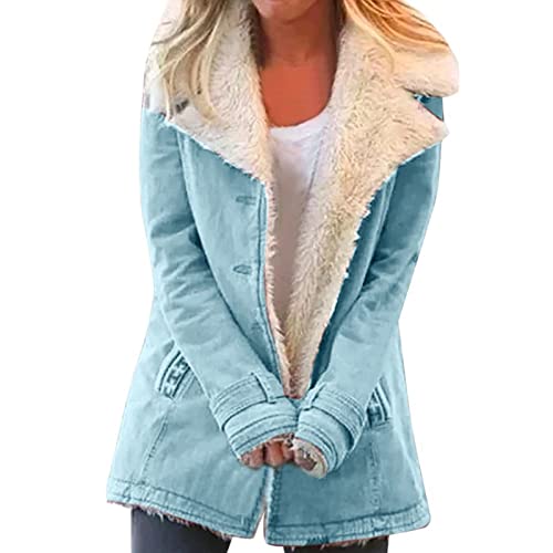 JEKE-DG Women Fashion Warm Lapel Coats Casual Fuzzy Fleece Sherpa Button Jackets Pullover Plus Size Plush Outwear (XX-Large,Light Blue)