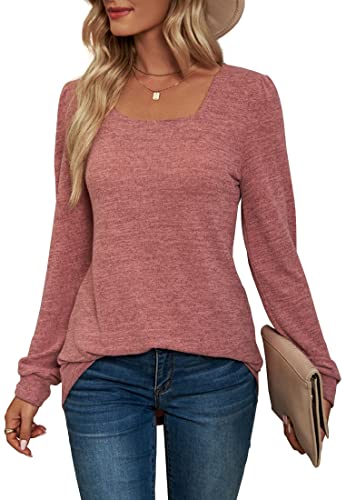 EUDOLAH Womens Tunic Tops for Leggings Square Neck Puff Sleeve Shirts Casual Fall Sweatshirts S-2XL(Pink-a,Large)