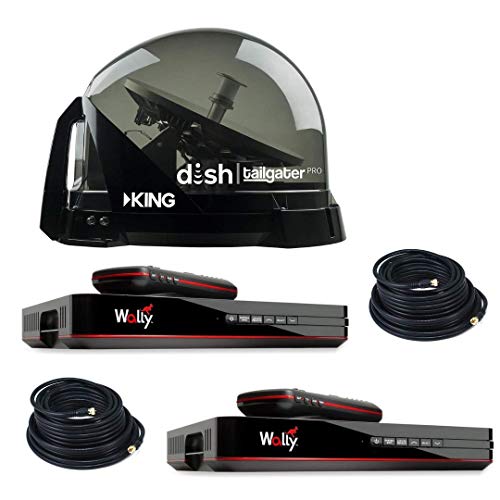 RV Wholesale Direct Dish Bundle DTP4900 Tailgater PRO Premium Satellite TV Antenna w/ 2 Wally Receivers with Additional 50' Cable (RWDCable50)