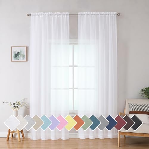 Simplebrand White Sheer Curtains 84 inches Length 2 Panels Set, Sheer White Curtains Light Filtering Rod Pocket Window Sheer Curtain Panels, Elegant Curtains & Drapes for Bedroom(White, 42' W x 84' L)
