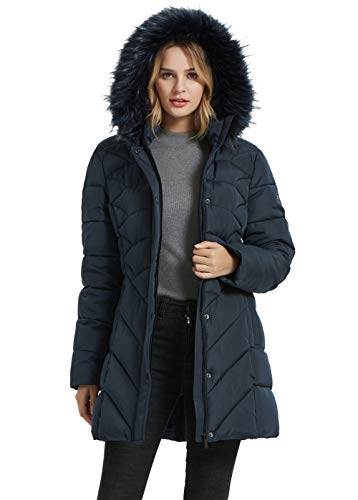 BINACL Women's Long Winter Thermo Down Alternative Coat, Stylish Quilted Tennis Windproof Snowboard Long Fur Hooded Athletic Thickened 100% polyester Thigh-Length Jacket with Sweatshirt Bib(Navy,L)