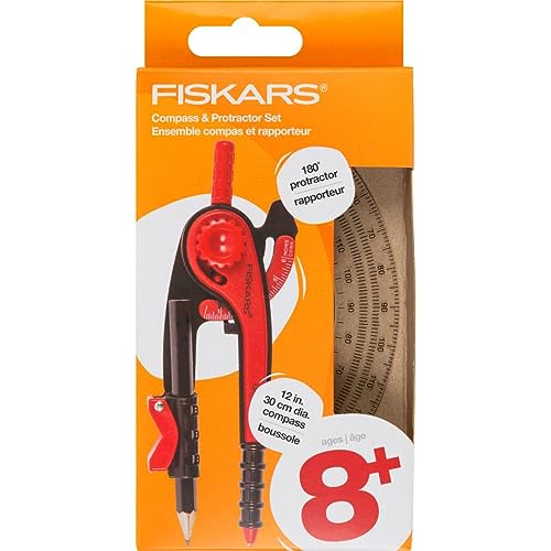Fiskars Plastic Compass and Protractor Set - Math Geometry Set for Kids 8+ - Back to School Supplies - Includes Pencil - Color May Vary
