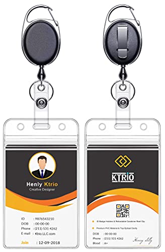KTRIO 2 Pack Retractable ID Badge Holder with Clip Badge Reels, Clear ID Card Holder with 24' Pull Cord with Carabiner Badge Reel