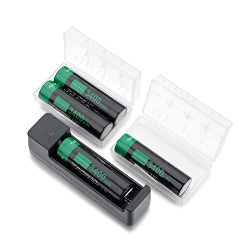 MUSIBEAUTY Universal 18650 Charger Battery with Rechargeable Battery 3.7V 3400mAh (4 Pack) for Doorbells, Flashlights, Headlamps, Cameras, Toys, and Remote Controls