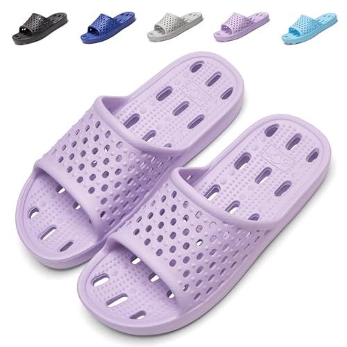 Aoowoll Womens Shower Sandals Flip Flops Quick Drying Non-Slip Bath Slipper Pool Slides Beach Shoes with Drain Holes (Purple 5-5.5 Women/4-4.5 Men)