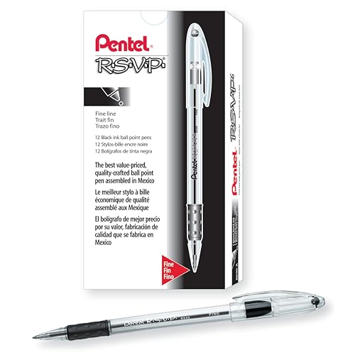Pentel R.S.V.P. Ballpoint Pens, Fine Point, 0.7 mm, Clear Barrel, Black Ink, Pack Of 12