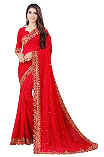 Ravish Style Women's Georgette Silk Embroidery Border Saree with Heavy Work Blouse Piece (1159-A-Red)