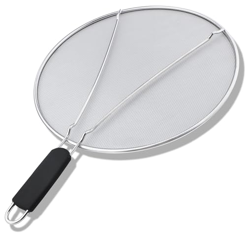 Splatter Screen for Frying Pan – 13’’ Stainless Steel Grease Splatter Guard with Comfortable Grip Handle, Ultra Fine Mesh Prevents Oil Splatters and Messes, Heavy Duty and Dishwasher Safe