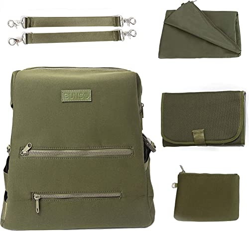BUNSO Diaper Bag Backpack, Water-resistant Neoprene Bag With Changing Pad, Stroller Straps, Wet Bag and Pouch (Olive)
