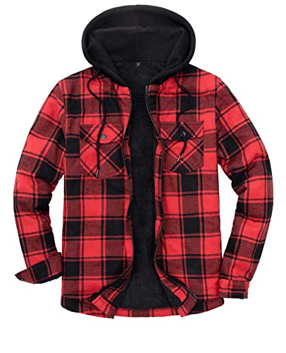ZENTHACE Men's Sherpa Lined Full Zip Hooded Plaid Flannel Shirt Jacket Red Black L