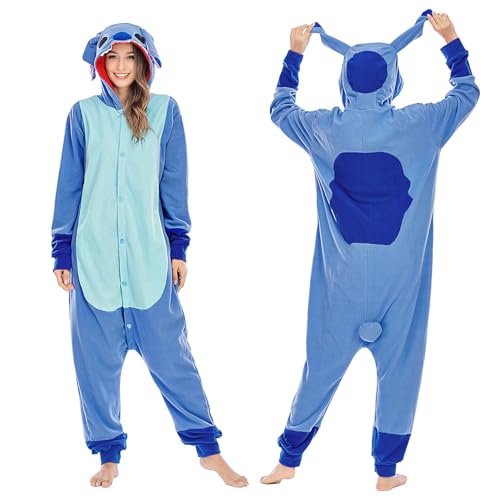 NAITOKE Unisex Adult Stitch Onesie Pajamas Costume Animal Sleepwear for Halloween Party Daily,Blue,146-159cm(4'9'-5'2')