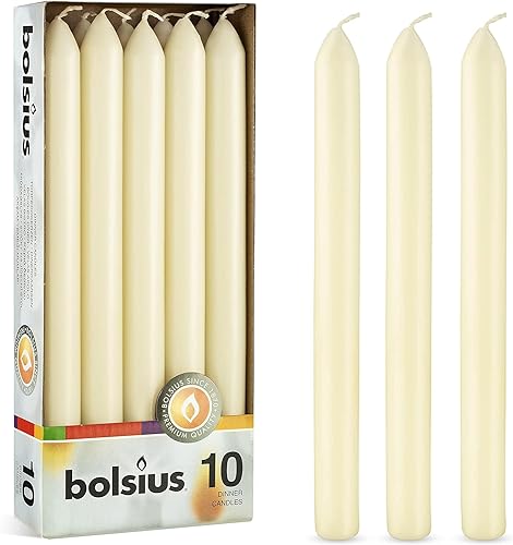 BOLSIUS Ivory Dinner Candles - 10 Pack Unscented 9 Inch Straight Taper Candle Set - 8 Hour Burn Time - Premium European Quality - Smokeless And Dripless Household, Spa, Wedding, And Party Candlestick