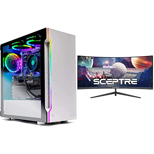 Skytech Gaming Archangel Gaming Computer PC Desktop, White & Sceptre 30-inch Curved Gaming Monitor 21:9 2560x1080 Ultra Wide Ultra Slim HDMI DisplayPort up to 200Hz Build-in Speakers, Metal Black