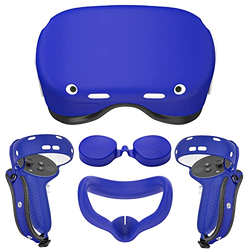 Controller Grips Cover for Oculus Quest 2,Anti-Leakage Silicone Face Cover for Oculus Quest 2, with Lens Protective Cover and VR Shell, Accessories Set 4-in-1 for Oculus Quest 2 (for Quest 2, Blue)