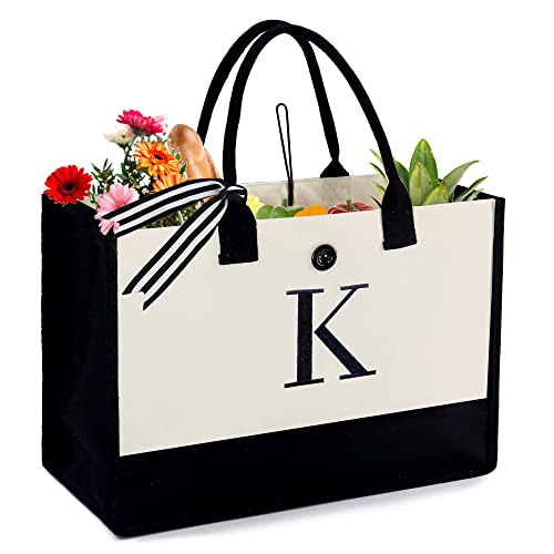 BeeGreen Personalized Gifts for Women Canvas Tote Bag for Women Christmas Embroidery 13oz Self Care Gifts for Women Teacher Friends Sister Birthday Gifts For Her Mom Monogrammed Beach Bag K
