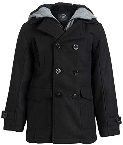 URBAN REPUBLIC Boys Wool Blend Hooded Peacoat with Faux-Fur Lining and Pockets, Size 10/12, Black