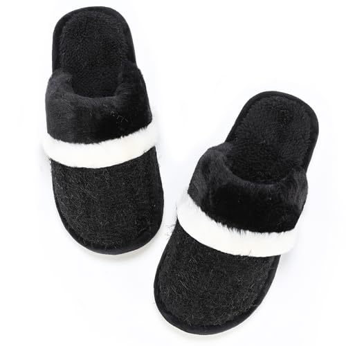 Memory Foam House Slippers for Women Comfy Fluffy Faux Fur Cute Slippers Slip on Anti-Skid,Size 7 8 Black,Gifts for Women Mom