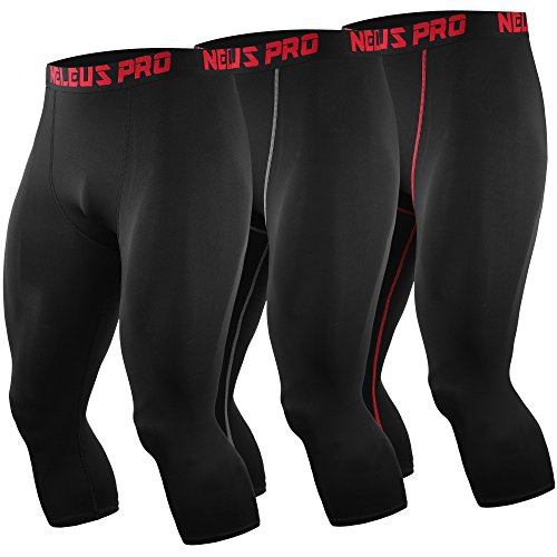 NELEUS Men's 3 Pack Running Capri Leggings Athletic Compression Short,6057,Black,red and Grey Stripe,L,EU XL