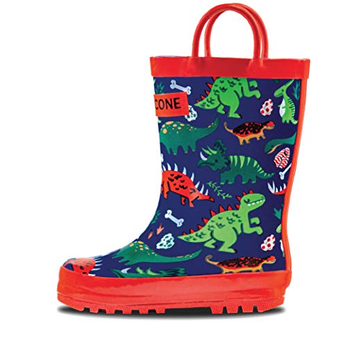 Lone Cone Rain Boots with Easy-On Handles in Fun Patterns for Toddlers and Kids, Puddle-a-Saurus Dinosaur, 9 Toddler