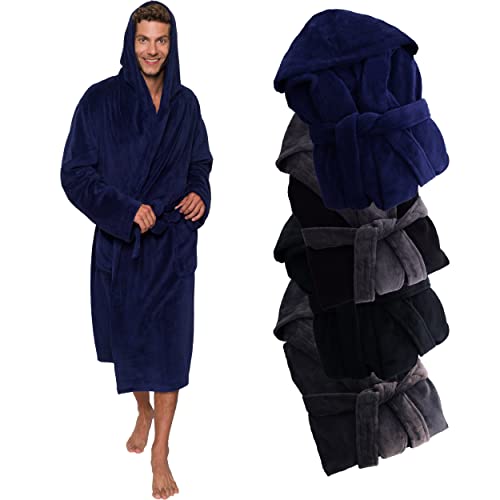 Ross Michaels Mens Robe Hooded Wrap Style - Mid Length Plush Fleece Bathrobe (Navy, Large/X-Large)