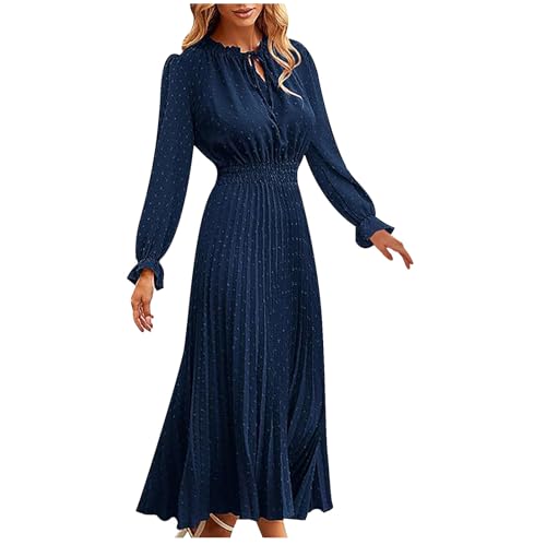 QIGUANDZ Swiss Dots Pleated A-Line Dress Womens Lantern Long Sleeve High Waist Dress Frill Trim Lace-Up V Neck Midi Dresses Dark Blue