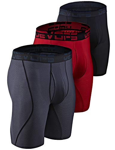 DEVOPS Men's Perfomance Cool Dry Mesh Underwear Boxer Trunk 9-inch Brief (3 Pack) (Large, Black-Charcoal-Red)