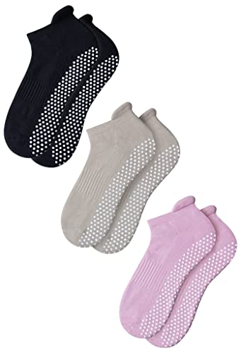 RATIVE Anti Slip Non Skid Barre Yoga Pilates Hospital Socks with grips for Adults Men Women (Large, 3-pairs/black+beige+pink)