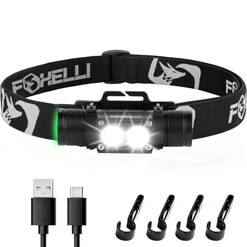 Foxelli Rechargeable Headlamp - Ultra Bright LED Head Lamp Flashlight, 1200 Lumen, Heavy-Duty, IPX7 Waterproof Hard Hat Light for Work & Outdoors, Battery & Hooks Included